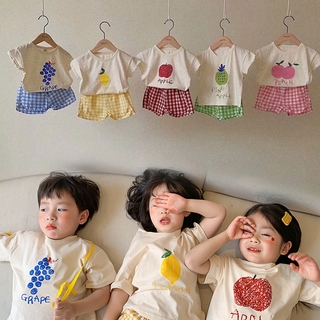 ins韓國童裝兒童夏季可愛水果套裝糖果色簡約T卹短褲套裝現貨