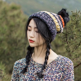 彩色 條紋 加絨 加厚 毛線帽 保暖 毛球 針織帽