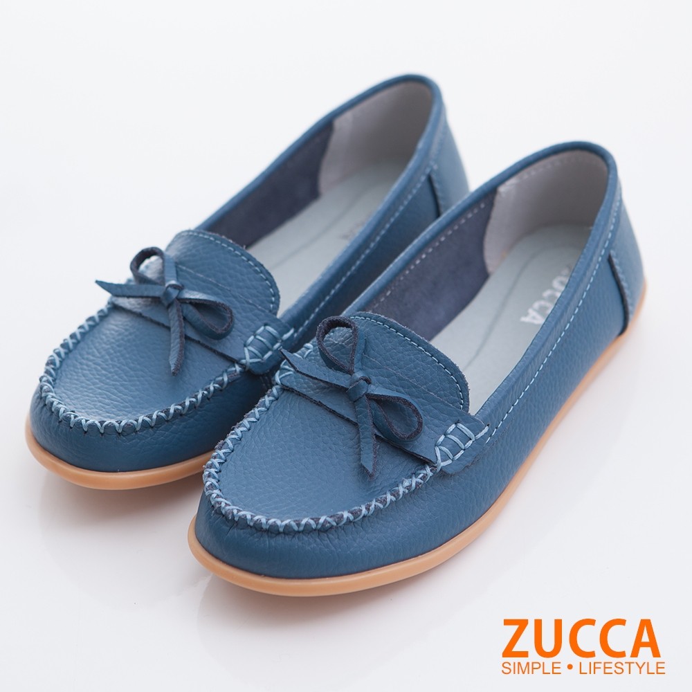 【ZUCCA】側車縫朵結平底鞋-藍-z6726be