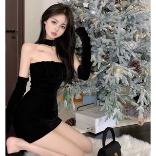 ｜ᴛᴇᴅᴅʏ sʜᴏᴘ｜生日party晚禮服輕奢高階赫本性感夢露裙黑色絲絨修身掛脖連衣裙