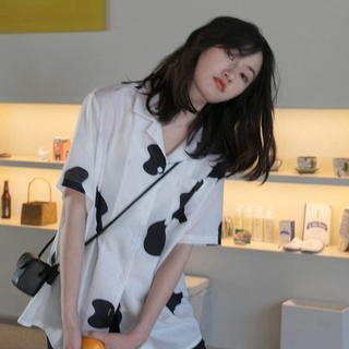 蔓莎💞2025年夏季新款黑白奶牛印花襯衫女港味寬松短袖襯衫上衣女 女生衣著
