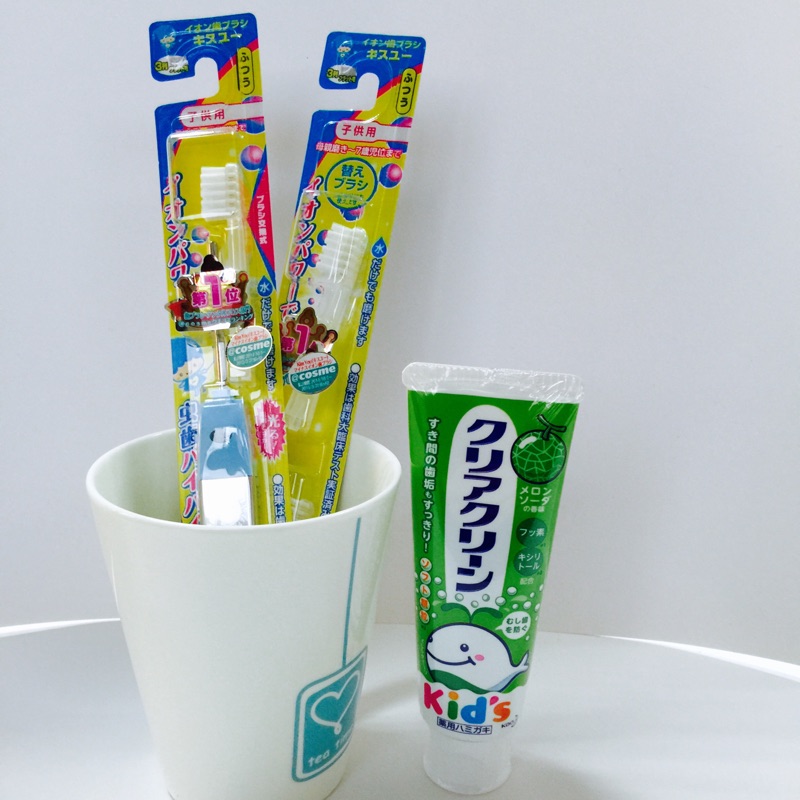 回饋促銷100/%日本製COSME高科技KISS YOU負離子牙刷+花王兒童牙膏/型式00幼兒平頭型/藍色