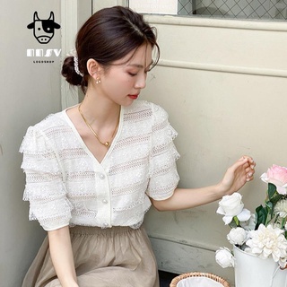 牛奶少女[小眾設計]韓國chic甜美氣質V領蕾絲衫女夏季新款法式超仙短袖小外套別緻上衣