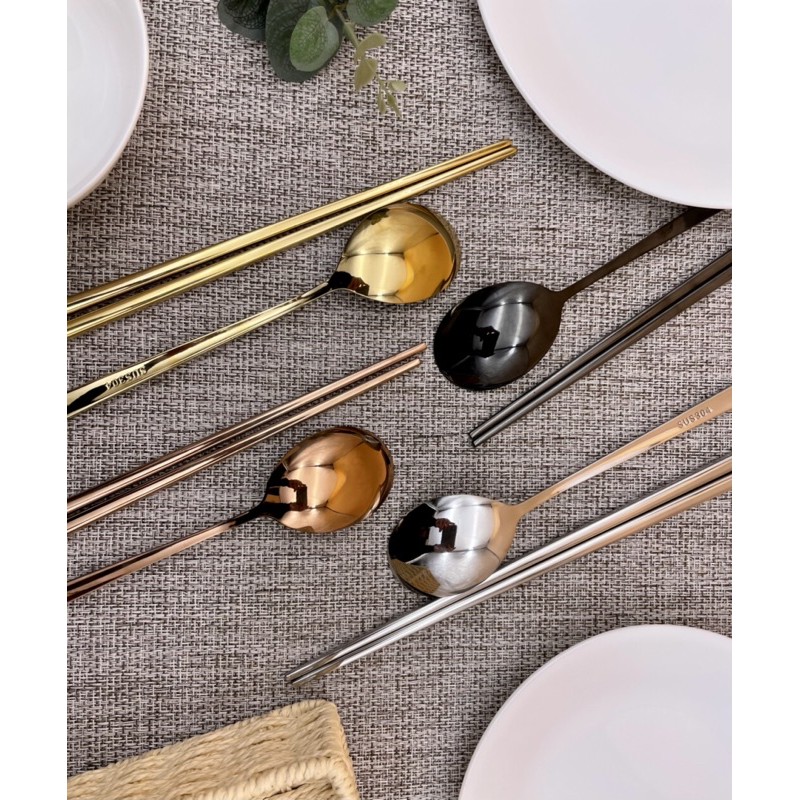 不鏽鋼家庭餐具組 304不鏽鋼筷子 玫瑰金不鏽鋼餐具 金色北歐風餐具組 不鏽鋼湯匙筷子組 家庭式一人一色餐具組