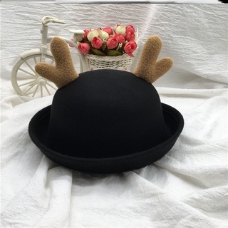 🚀快速出貨🚀韓版圓頂卷邊帶鹿角帽子的英倫小禮帽圓帽子女士潮帽鹿角圣誕帽
