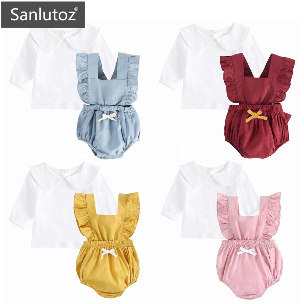 Sanlutoz 純棉長袖純白娃娃領打底上衣+時尚綁帶寶寶包屁衣套裝 時尚可愛