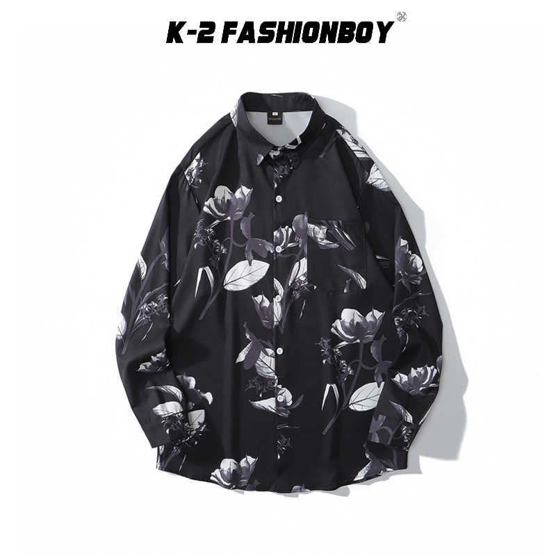 【K-2】黑白花卉 玫瑰 口袋襯衫 長袖襯衫 花襯衫 穿搭 情侶 上衣 襯衫 派對 舞會 牛郎 落肩【B2018】