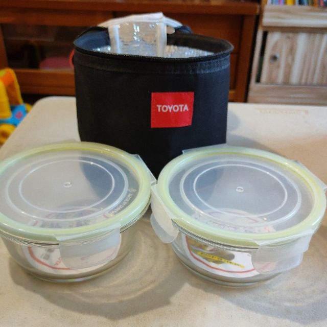 全新 toyota 食品級圓形玻璃保鮮盒 便當 台灣製 可微波 附保溫袋 綠色 兩入 700ml 非lock lock