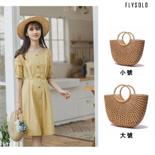 FLY*度假風半圓形鏤空籐編包*復古手工編織包手提包編織包大容量漁網沙灘包 442707370008
