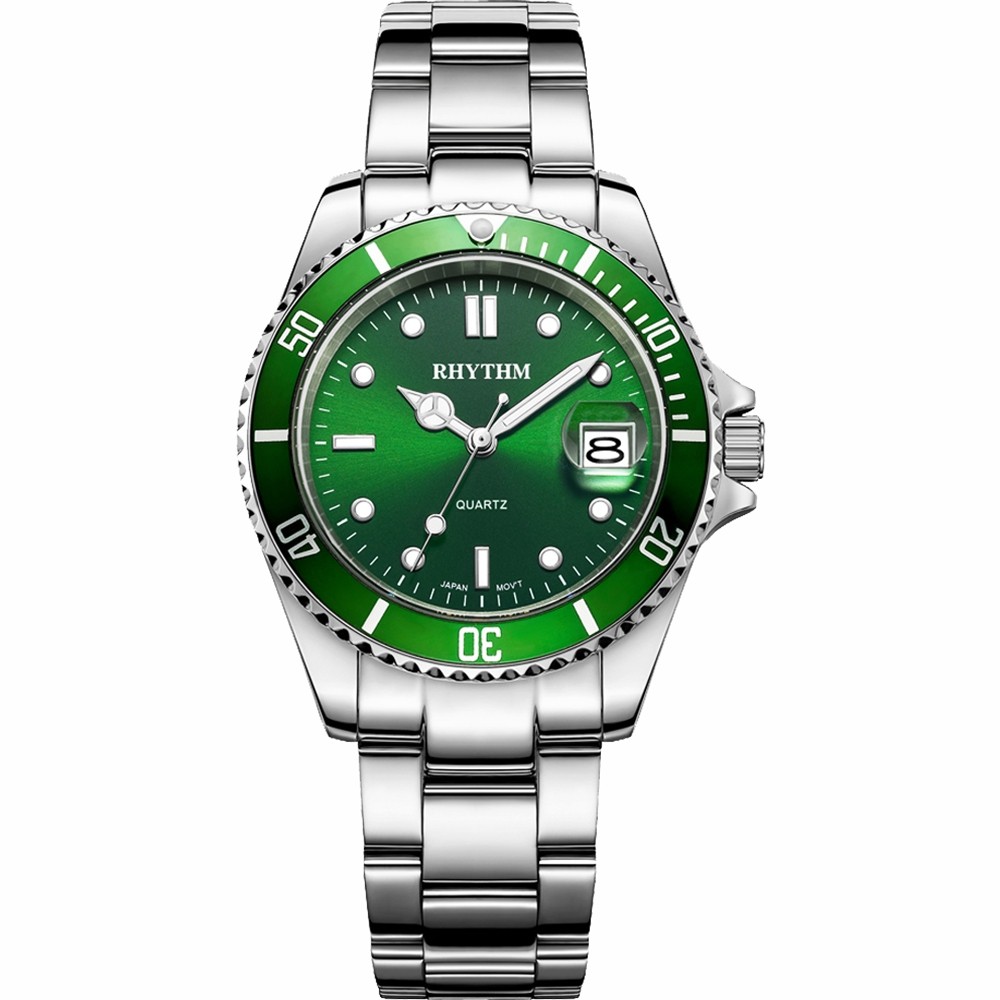 Rhythm 日本麗聲 (RQ1601S03) 時尚精緻綠水鬼防水100米石英腕錶-綠x銀 / 40mm