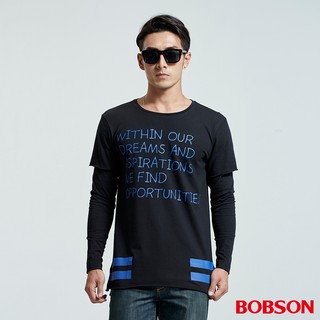 BOBSON 男款長版型假兩件黑色印圖拼接潮T 35045-88