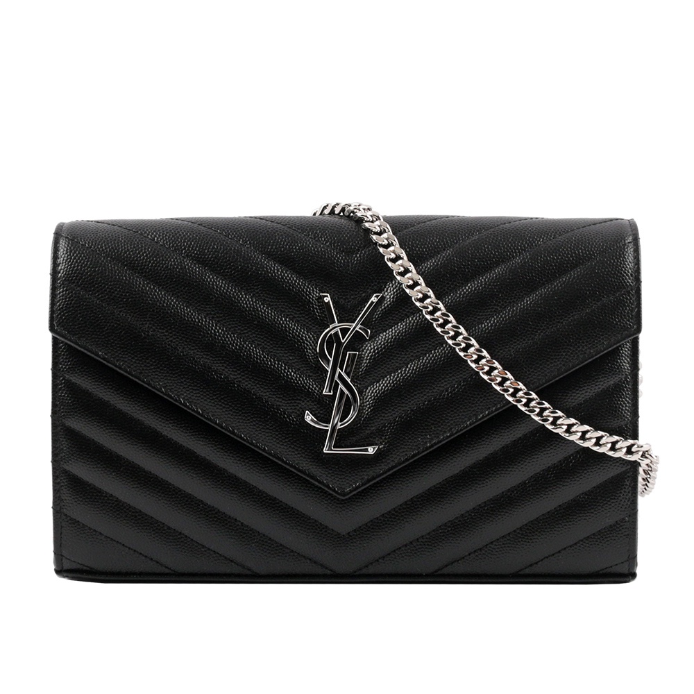 YSL MONOGRAM 魚子醬V紋牛皮銀字手拿/斜背包(黑色) 377828 BOW02 1000