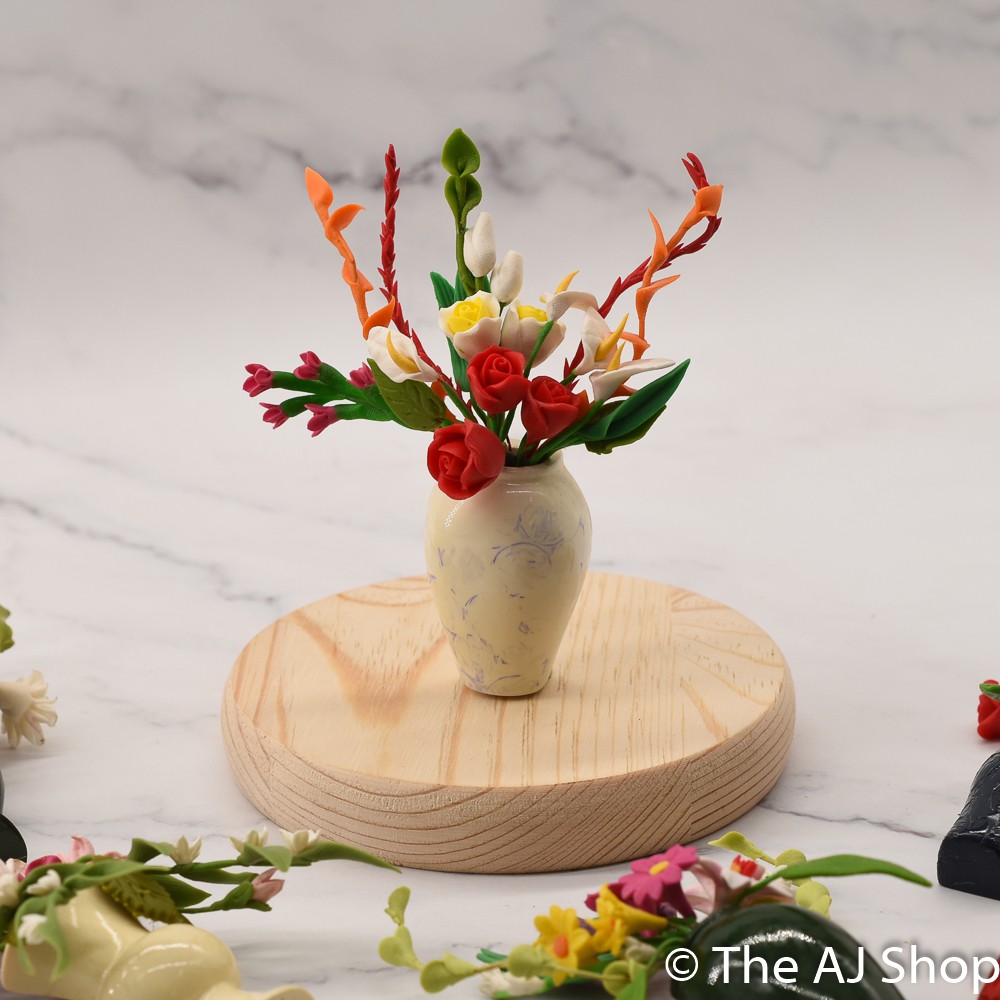 【AJ】紅玫瑰 白色高花瓶 藍花紋 麵包土花藝 樹脂花瓶 // 立體 仿真 麵包土造型 居家裝飾 創意家居擺飾