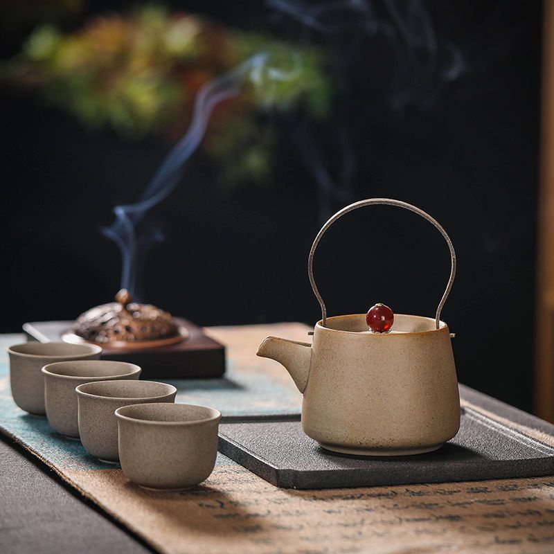 陸羽茶具粗陶功夫茶具套裝一壺四杯家用中式陶瓷提梁茶壺茶杯整套泡茶器
