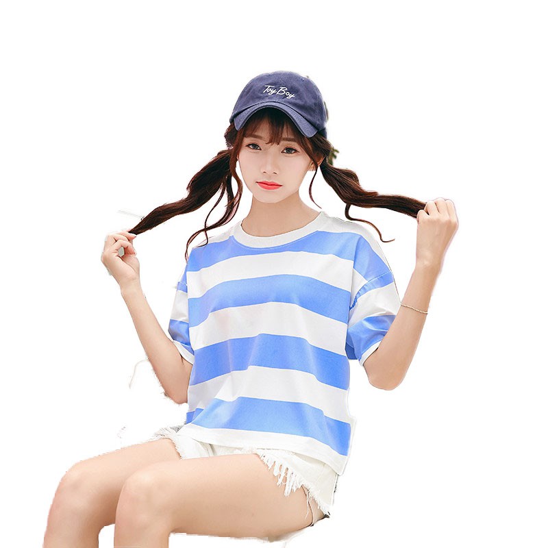 韓版新款粗條紋小清新寬鬆短袖T恤女短版學生百搭短袖上衣