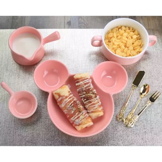 可愛米奇造型陶瓷粉色餐盤、兒童分格盤、下午茶餐盤
