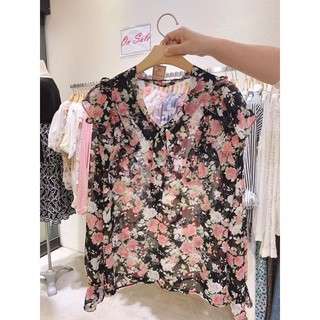 正韓有韓標 black diamond黑色碎花織紋雪紡長袖上衣
