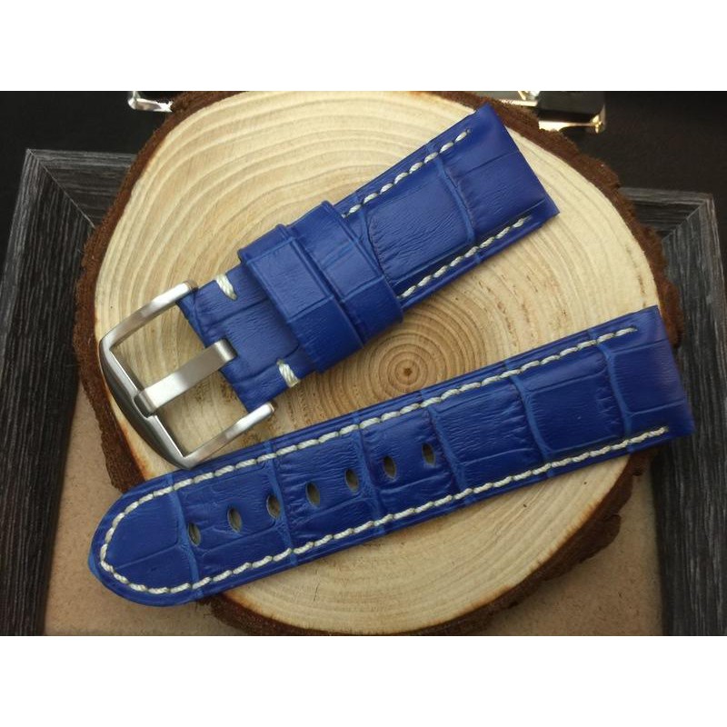 寶藍色高質感24mm收22mm小沛的新衣- 可替代panerai原廠錶帶之鱷魚皮紋真牛皮錶帶 白線