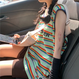 網紅條紋無袖上衣T恤女韓版寬鬆百搭外穿中長款吊帶背心