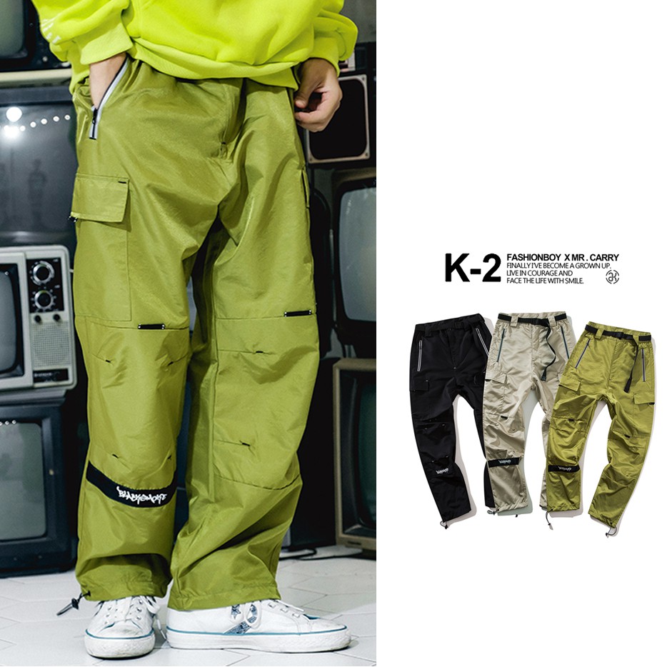 【K-2】BLACK 工作褲 防水拉鍊 風褲 寬褲 工業風 直筒褲 韓國 休閒長褲
