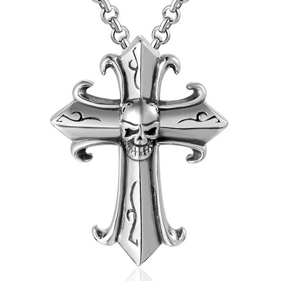 【CSP191】精緻個性復古哥德骷顱頭十字架鑄造鈦鋼墬子項鍊/掛飾