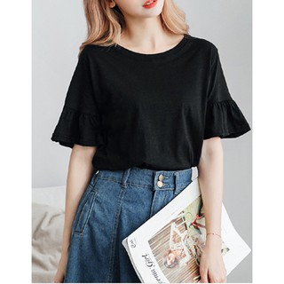「M~XL。臺灣現貨」3色 荷葉袖拼接 竹節棉上衣 (C1244)