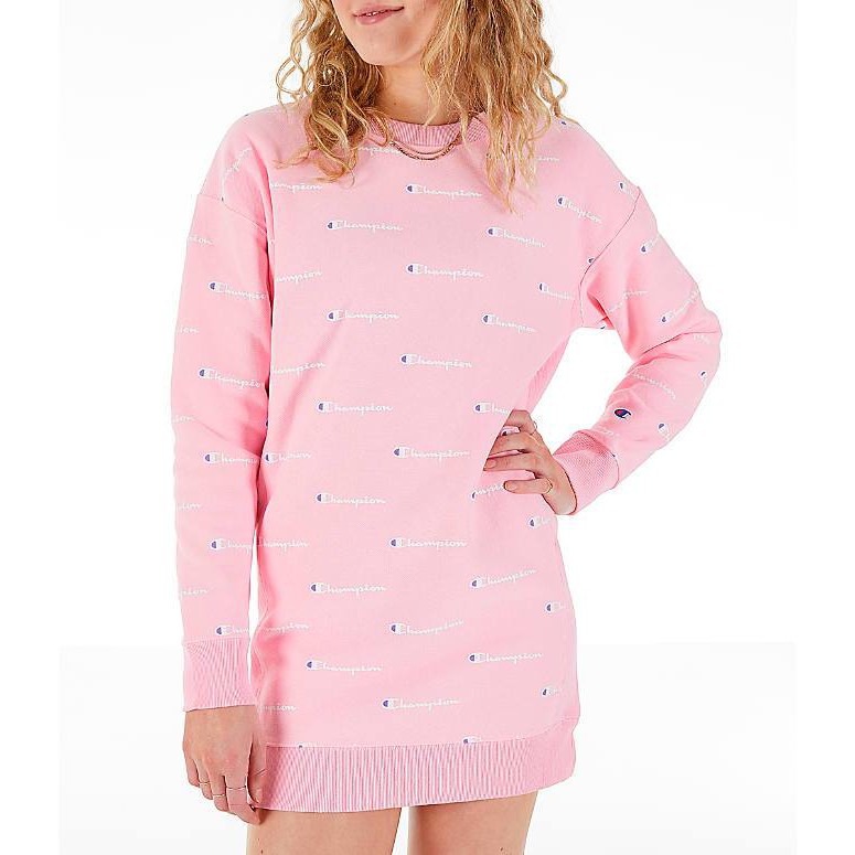 &lt;美國&gt; CHAMPION 隨便賣 滿版Logo 長袖長版衛衣 洋裝 芭比粉 寬鬆版 嫩粉色 XL