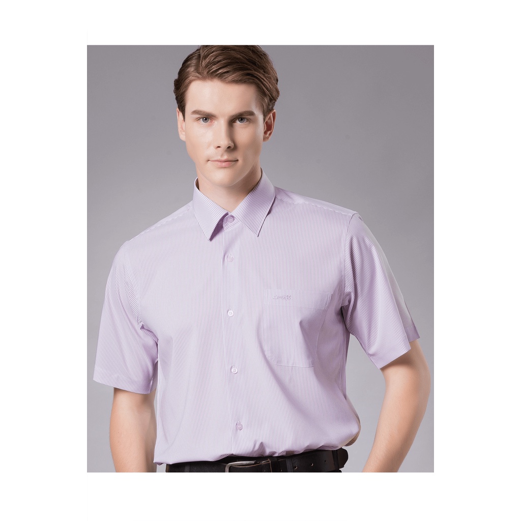 【儂禮士官方】粉紫色條紋短袖襯衫 / 抗皺 抗紫外線 吸濕排汗