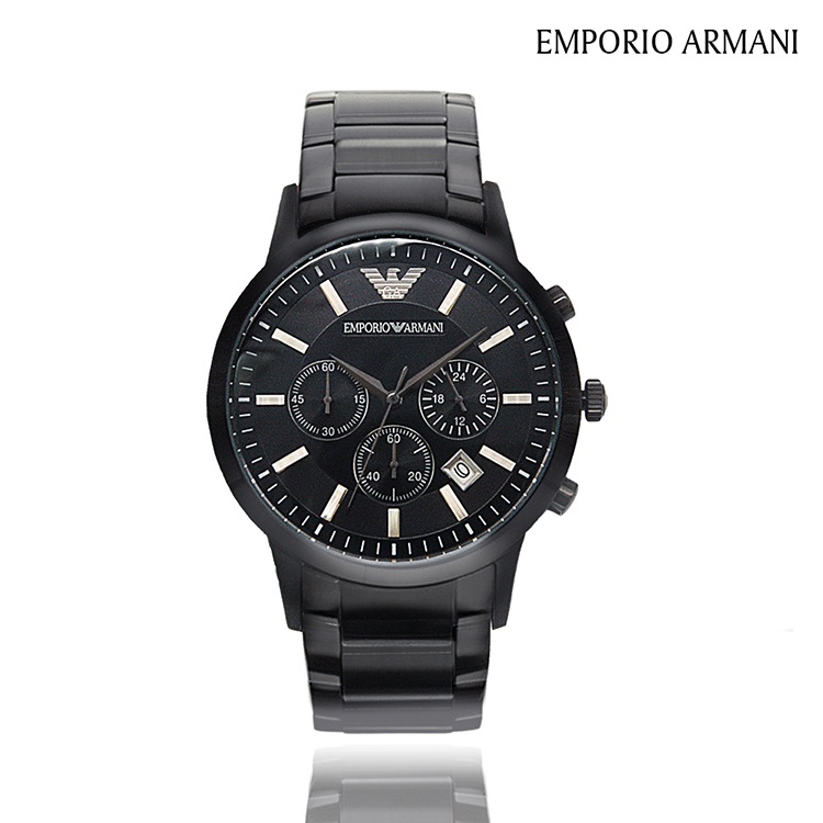 【EMPORIO ARMANI】 極黑色系 黑色金屬錶帶 三眼計時腕錶(AR2453) 買即隨機贈 送禮品潮衣寶石