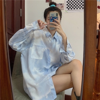 🔥(CONGHAU)🔥Thời trang nữ襯衫女秋季韓版ins扎染小眾設計感上衣寬鬆BF休閒長袖襯衣外套潮
