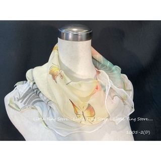 Little Ting Store 米杏色山茶花玫瑰花漾滾邊浪花滾邊SILK絲大方巾中方巾絲巾圍巾披肩(多款式-B)