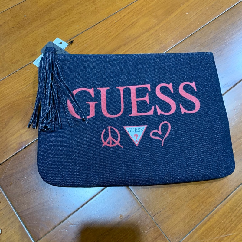 全新 Guess 牛仔手拿包 布織燙印Logo 流蘇手拿包