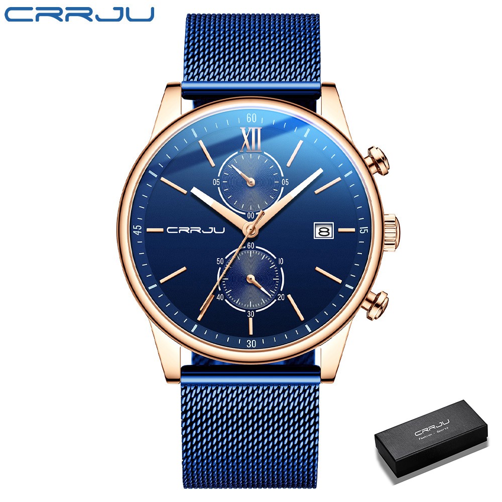 男士手錶 CRRJU 2291 豪華不銹鋼多功能計時器防水不銹鋼