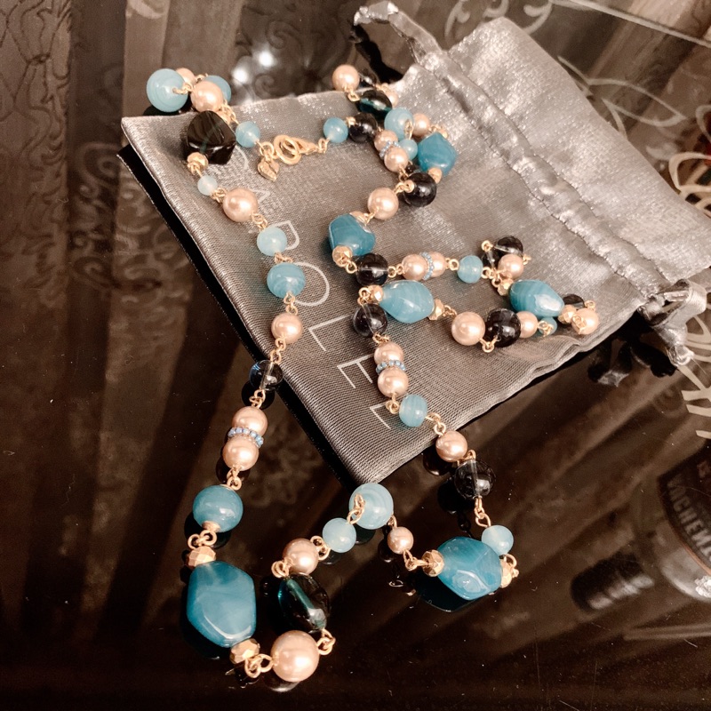 美國紐約專櫃品牌 CAROLEE宮廷歐式復古燙金土耳其藍寶石串珠珍珠古典希臘雅典娜女神華麗典雅毛衣項鍊長項鍊埃及華麗貴氣
