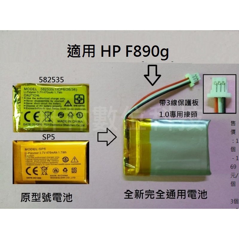 科諾-附發票 適用 HP F890g 行車記錄器 3.7V電池 維修用 SP5 582535 #D018A