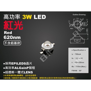 EHE】高功率3W 620nm紅光LED顆粒【不含鋁基板】3H0RN。適合製作改裝警示燈/剎車燈尾燈/植物生長燈等應用