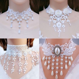 仙女白色蕾絲珍珠流蘇項鍊女潮鑲鑽氣質頸鍊鎖骨鏈女禮服新娘配飾