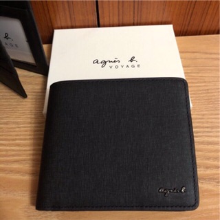 全新 agnes b. 新款 牛皮 黑色 logo 證件層 照片層 信用卡夾層多 男用 短夾 皮夾 保證真品 正品 防刮