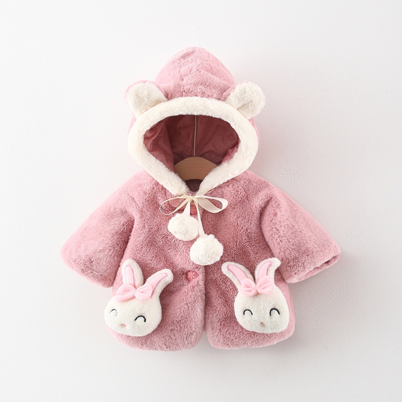 0-3 歲女孩披肩粉紅色可愛兔子口袋嬰兒毛絨連帽大衣