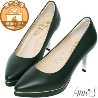 Ann’S走路有風-小羊皮素綿防水臺電鍍細跟尖頭高跟鞋8.5cm-黑