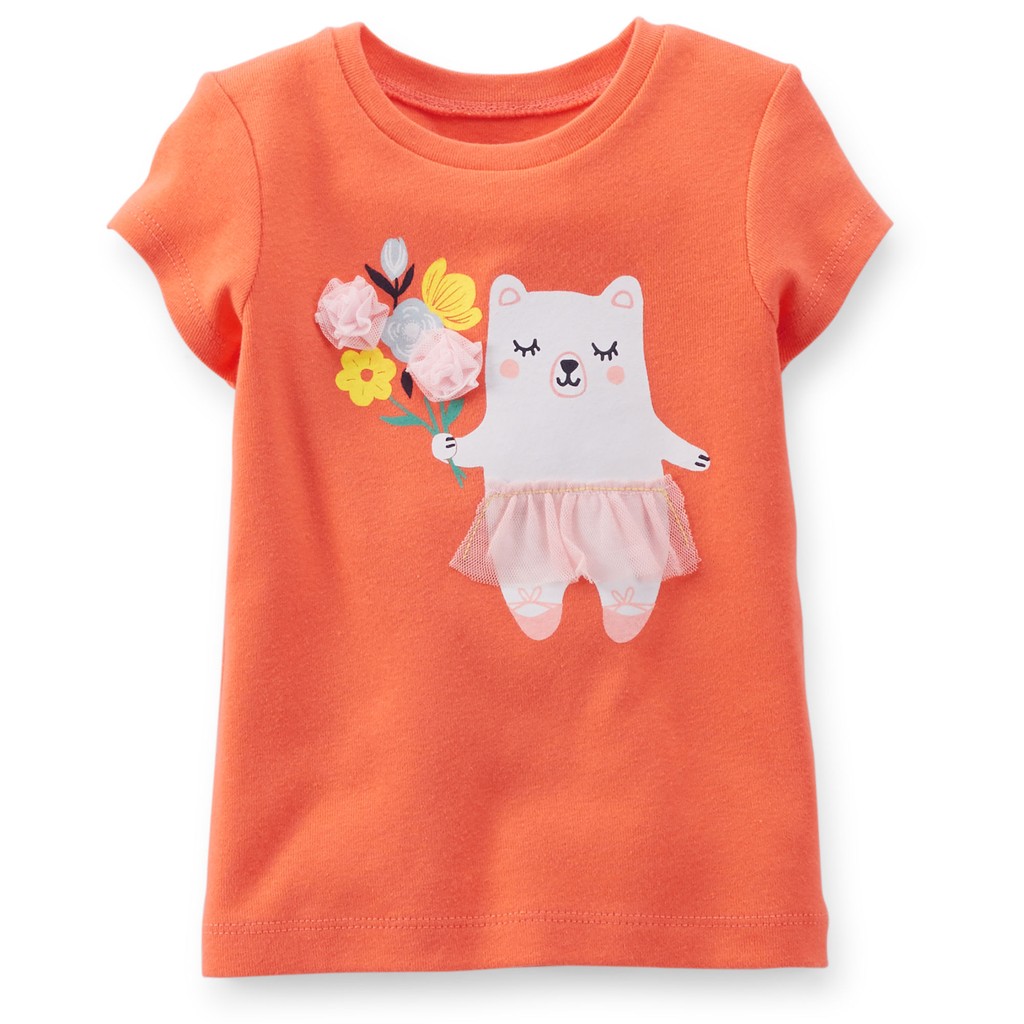 Carter's 卡特 女孩T恤~橘色立體小花小熊熊短T.特價.3M.6M.9M.(現貨提供)