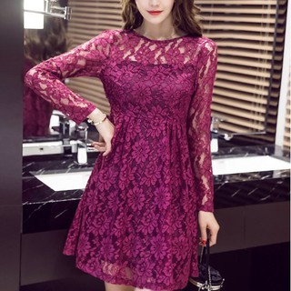 現貨 紫色 S 洋裝禮服長袖打底蕾絲大碼性感顯瘦中長款連身裙(現貨）17428 胖胖美依