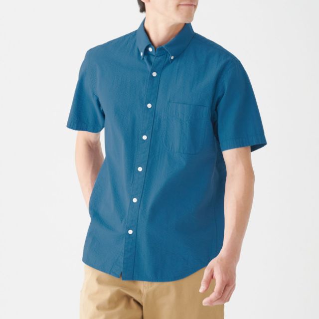 日本 MUJI 無印良品 泡泡紗短袖襯衫 全新 男生 短袖襯衫 藍色襯衫