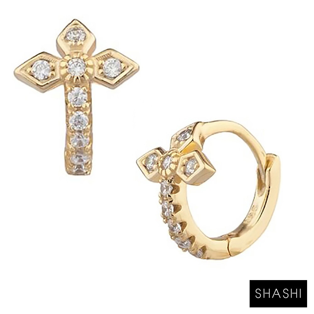 SHASHI 紐約品牌 Gia Huggie 鑲鑽英式十字架小圓耳環 925純銀鑲18K 金色