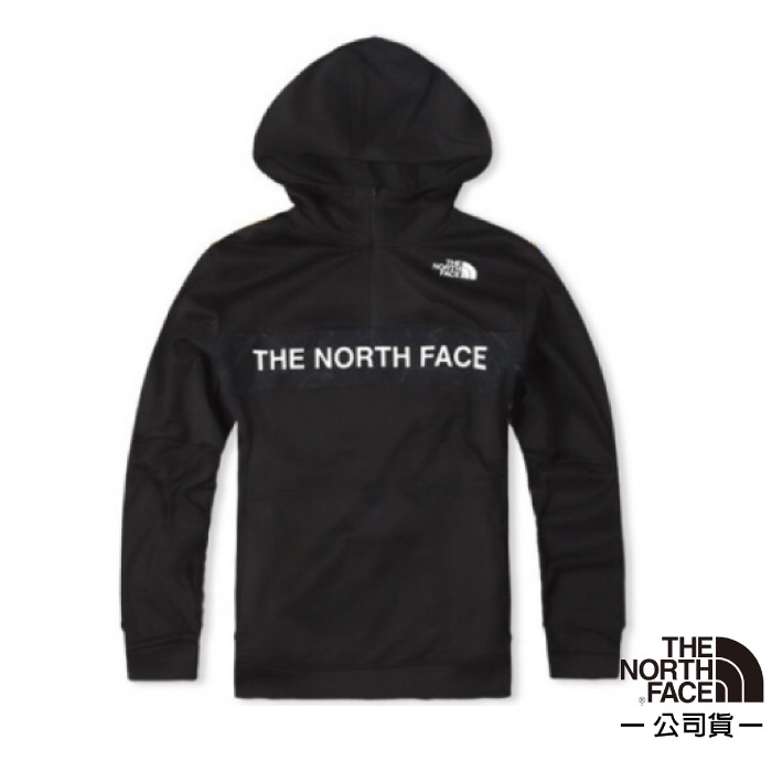 【美國 The North Face】中性款 經典大LOGO 半門襟拉鍊長袖保暖連帽上衣 T恤 4U5K-JK3 黑 V