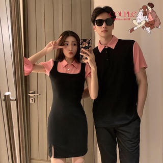 【COUPLE】情侶裝💕💕2022夏季少女系短款泡泡袖假兩件連衣裙男T恤衫