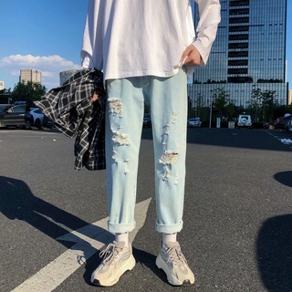 S-3XL街頭 嘻哈破洞牛仔褲男 純色日系夏季薄款潮牌 ins港風寬鬆直筒褲 學生韓版潮流9九分褲