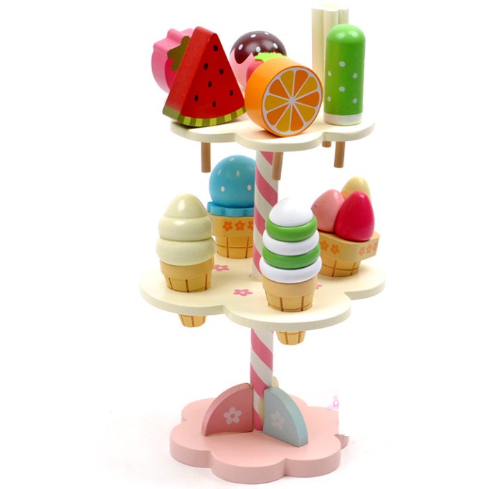 【現貨】木製 雙層冰淇淋架 磁性冰淇淋台 冰棒 聖代 蛋捲冰淇淋 剉冰 扮家家酒 下午茶 仿真 廚房玩具 生日禮物