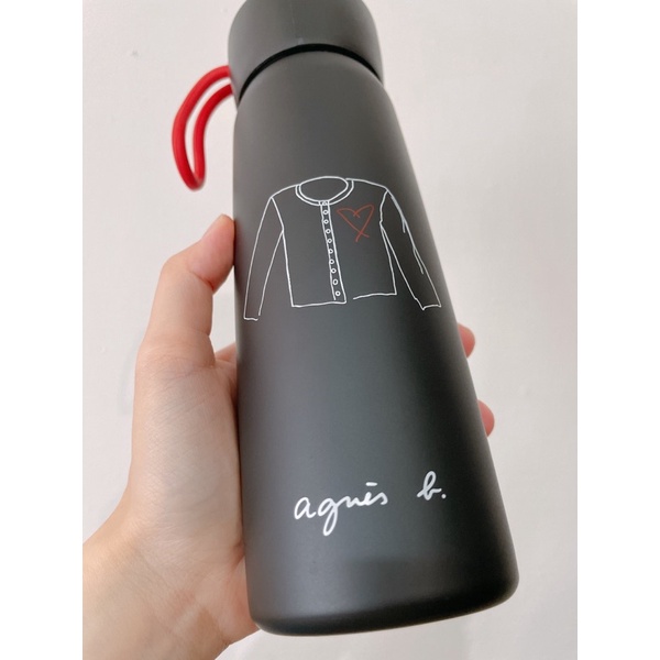 Agnes b 不銹鋼保溫瓶 黑色保溫瓶 大b草寫logo 可保冰保熱 500ml容量 紅色拉環