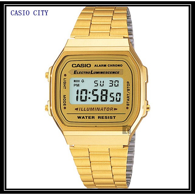 [CASIO CITY]CASIO STANDARD系列數位顯示復古方形經典金色電子錶A168WG-9WDF